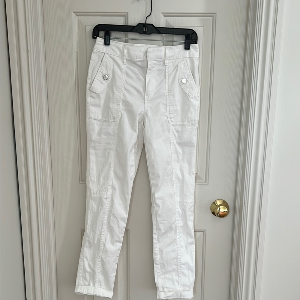 White House Black Market White Pret-A-Jet high rise pants.